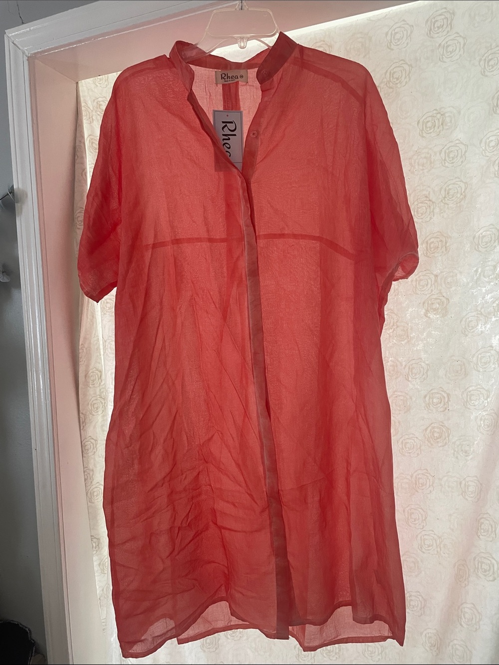 Rhea Coral Sheer Button-Front dress,cover up